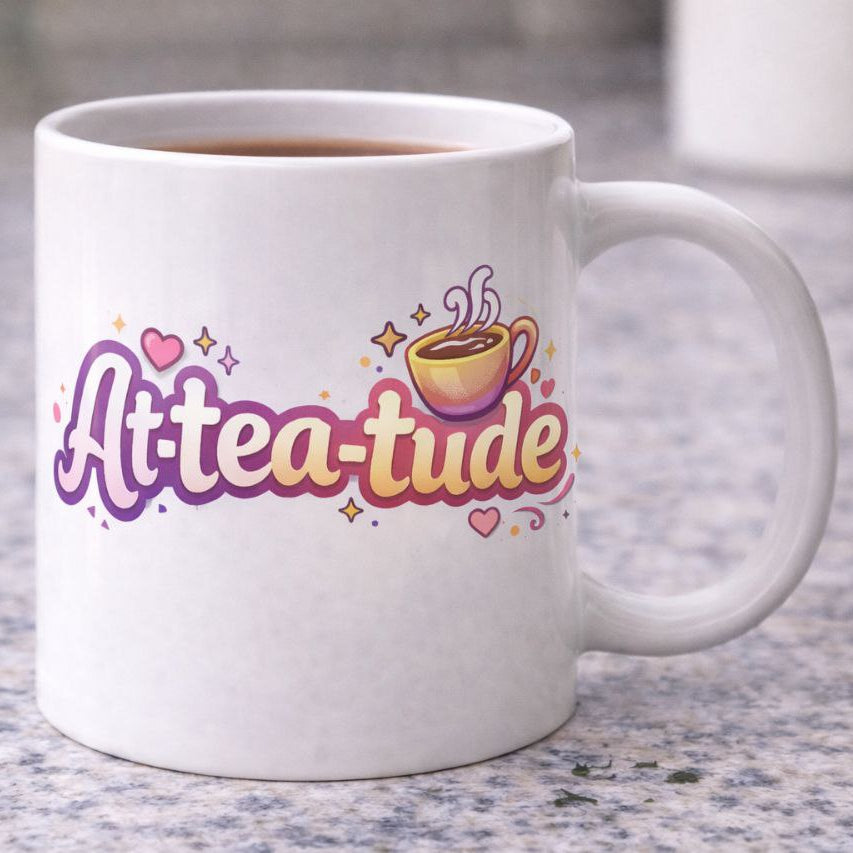 "Attea-tude" Vibrant Graphic Ceramic Mug – Playful 11oz Coffee & Tea Cup with Retro Bubble Lettering